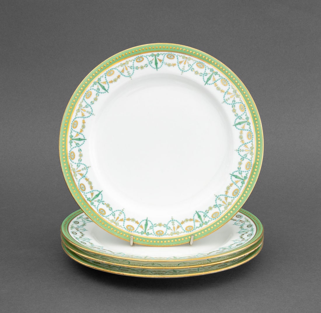 Mintons Davis Collamore & Co. Salad Plates, 4: Set of Four Mintons Davis Collamore & Co. Ltd. Salad Plates, with green garland motif, marked to undersides. 9" Diameter. Provenance: The Estate of Alton G. Marshall, former aide to Nelson Rockefeller