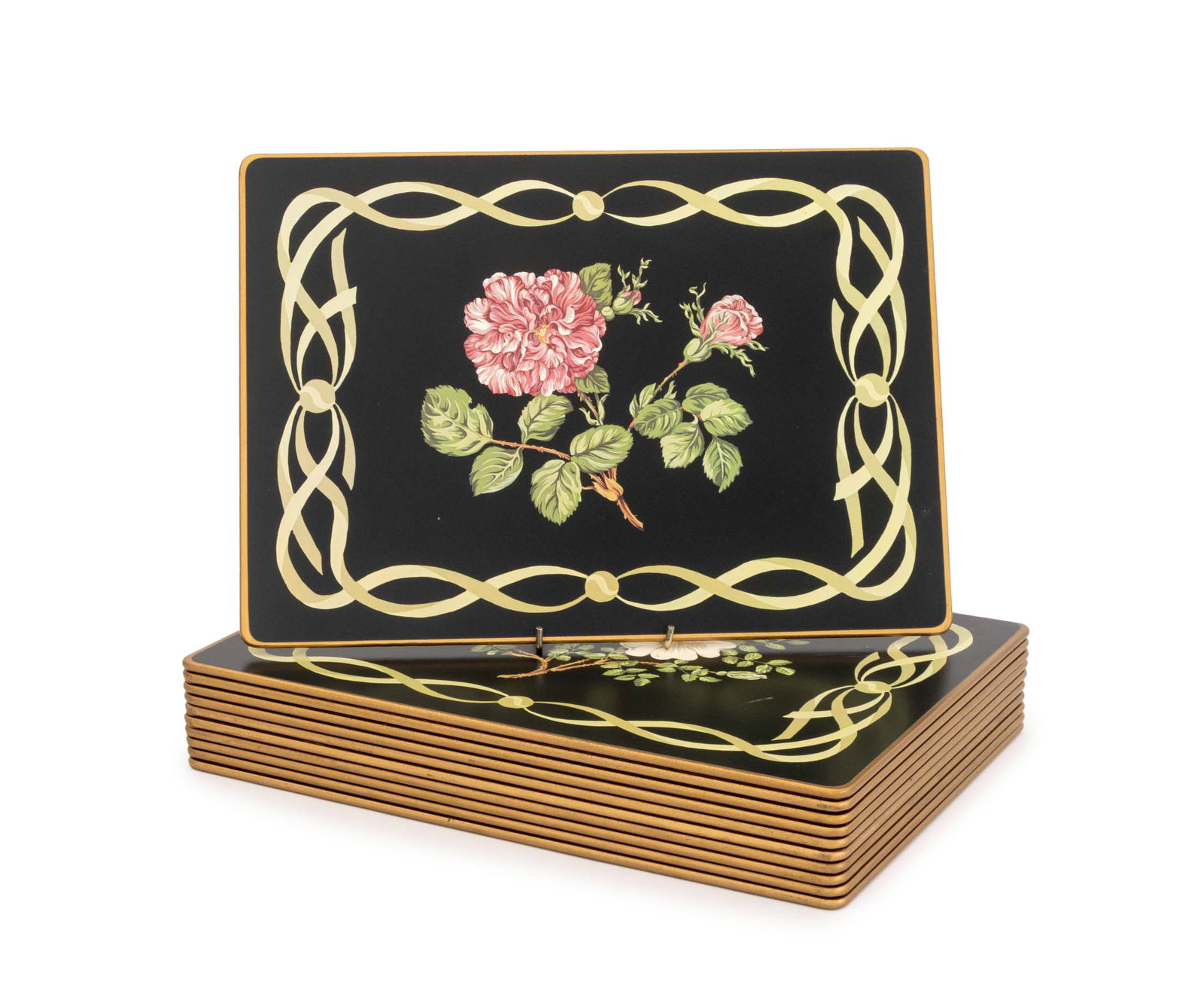 Lady Clare for Tiffany & Co. Placemats, 11: Set of Eleven Lady Clare for Tiffany and Company Place Mats, each with floral design on a black ground and with "Made Exclusively for / Tiffany & Co. / by / Lady Clare Limited" label to underside. 14"