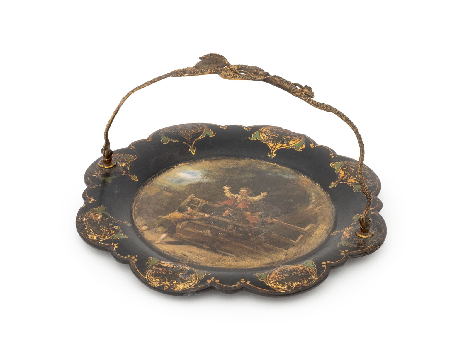 Regency Ormolu Handle Papier Mache Tray, ca. 1815: Regency Ormolu Handled Papier Mache Tray, circa 1815, the handle in the form of two serpents, the central hand-painted vignette depicting three figures at play and marked "Daddy as King" lower