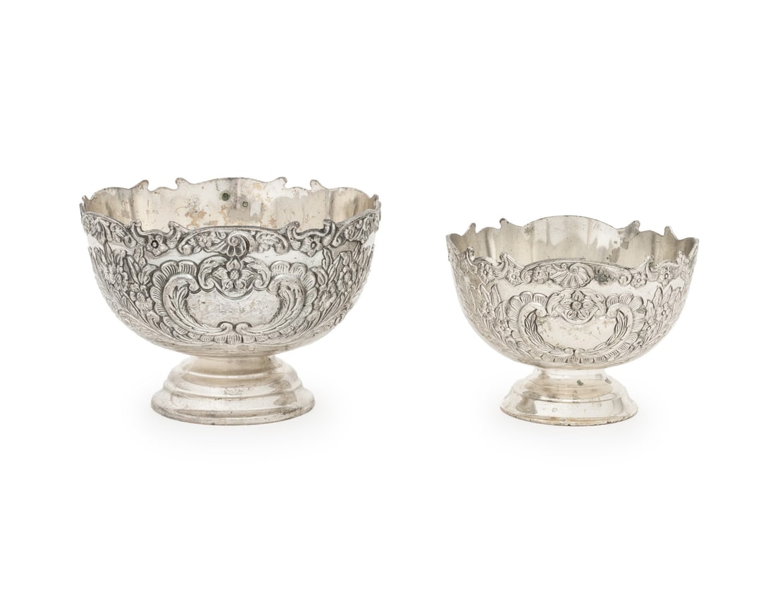American Silver Plate Footed Bowls, 2: Group of Two American Silver Plate Footed Bowls, each marked "F.B. Rogers / Silverplate" to underside. Larger: 3.5" H x 5.5" Diameter. Provenance: From a West End Avenue Collection. Keywords: