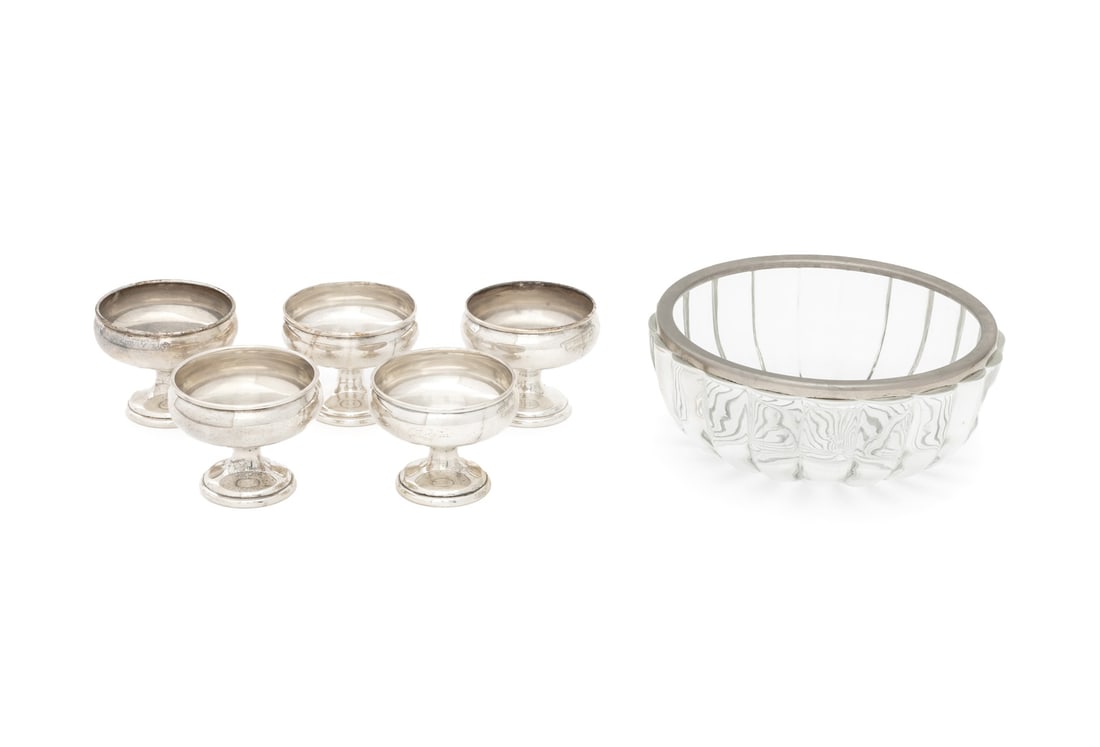 Modern Crystal and Silver Plate Bowl and Dishes, 6: Modern Crystal and Silver Plate Centerpiece Bowl and Five Silver Plate Sherbet Dishes, apparently unmarked. Bowl: 3.5" H x 9" Diameter. Provenance: From a West End Avenue Collection. Keywords: