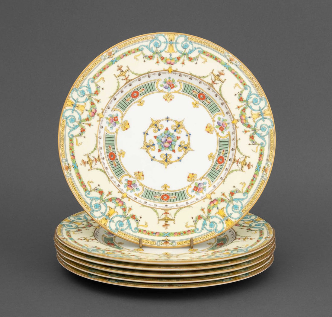 Royal Worcester Porcelain Dinner Plates, 6: Set of Six Royal Worcester Porcelain Dinner Plates, in fruit and floral scroll pattern, marked to underside. 10.5" Diameter. Provenance: From an East 79th Street Estate. Keywords: Ceramics, Tableware,