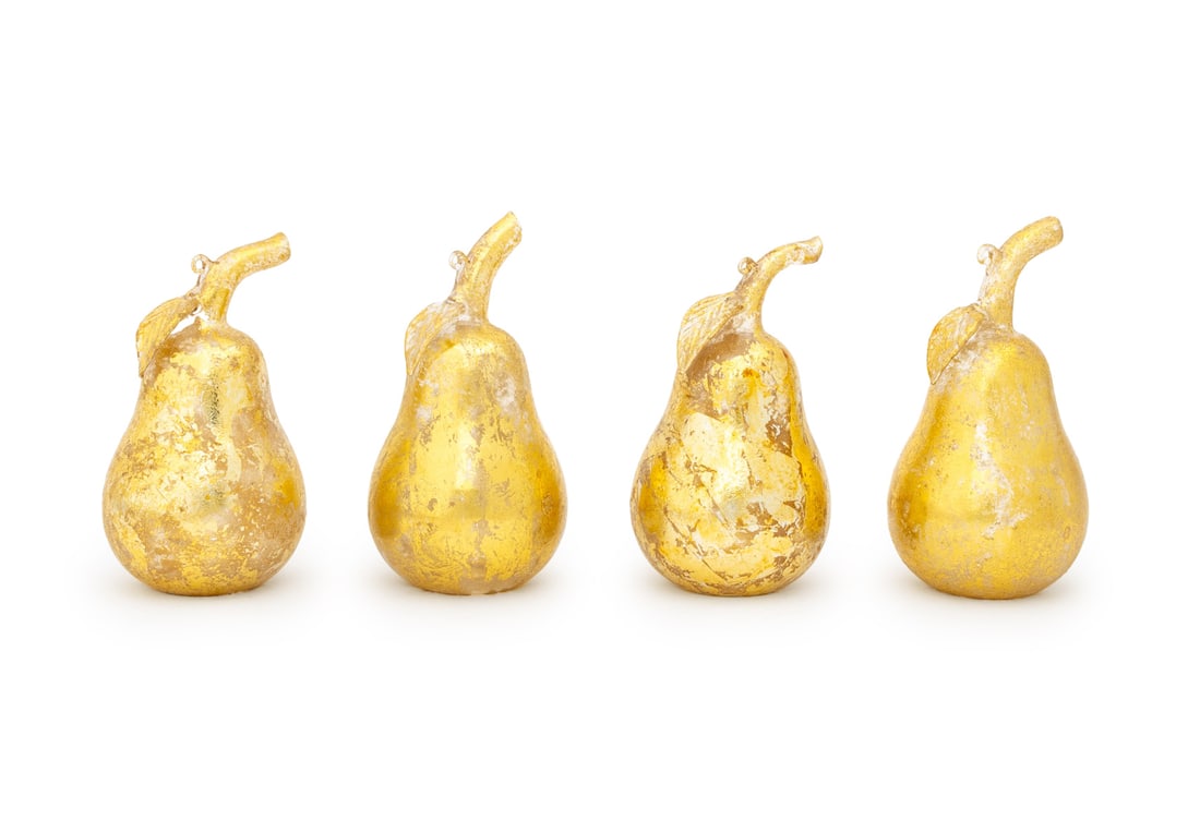Murano Gilt Decorated Glass Pears, 4: Set of Four Murano Gilt Decorated Glass Pears. 4.75" H x 2.5" Diameter. Provenance: From an East 86th Street Estate. keywords: Italian glass, Venetian glass, Art Glass, Gold leaf, Vintage, Modern, MCM