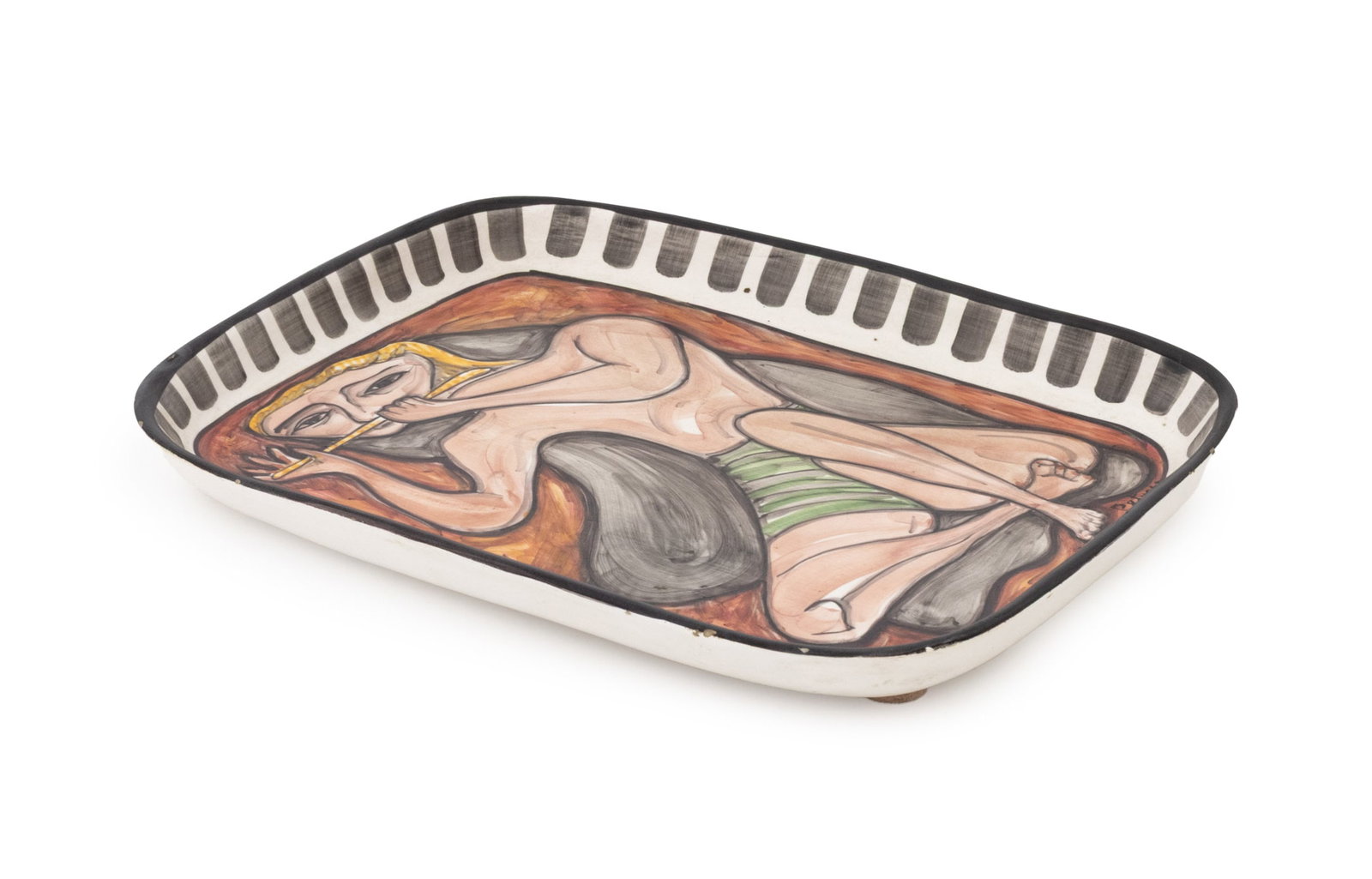 Giovanni Petucco Figural Painted Ceramic Tray: Giovanni Petucco (Italian, 1910-1961) Seated Figure Hand-Painted Ceramic Tray, depicting a seated flute player, signed lower right of image, marked "Italy" to underside. 12.75" L x 10" W x 1.25" D. Pr