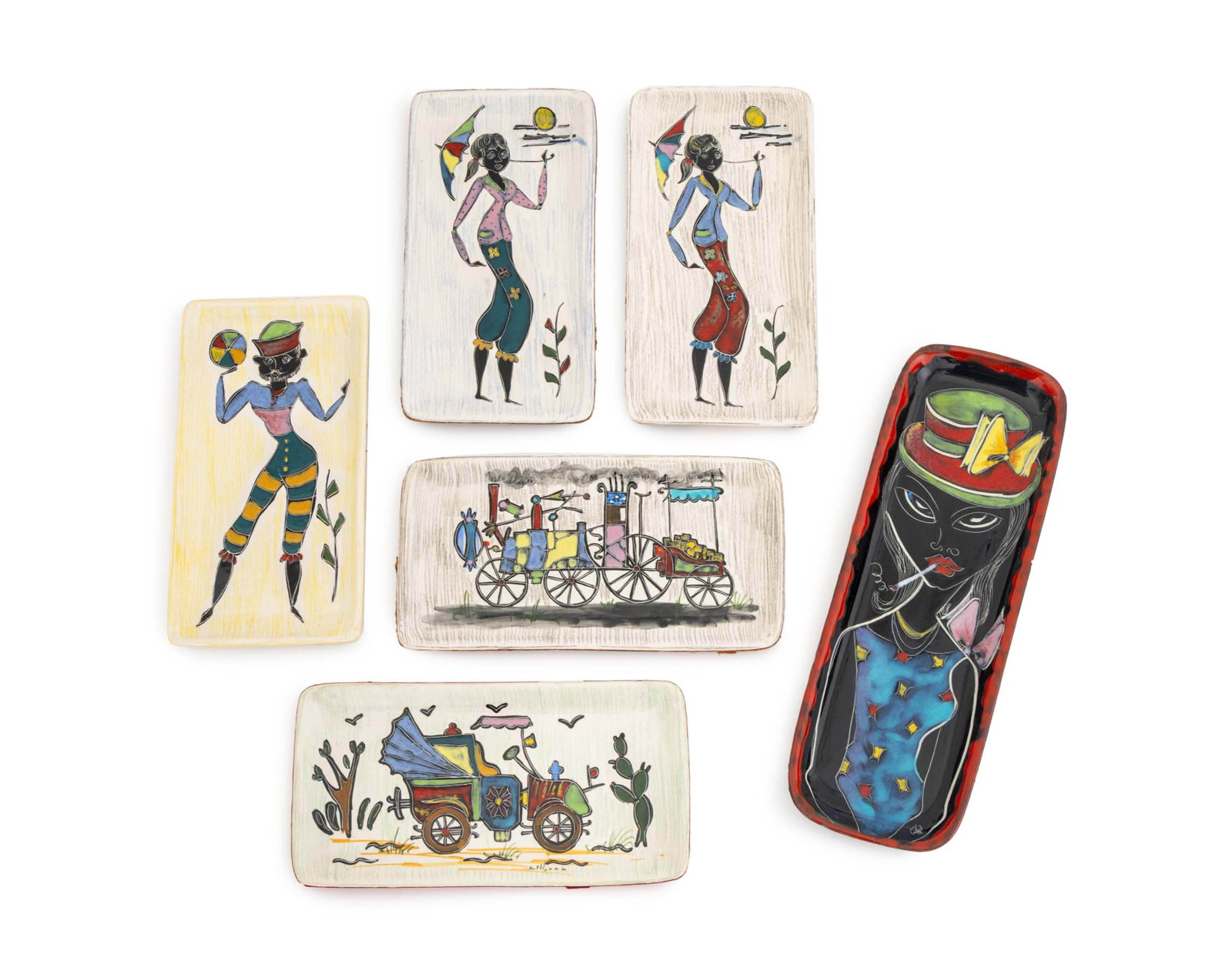 Italian Mid-Century Modern Ceramic Trays, 6: Group of Six Italian Mid-Century Modern Ceramic Trays, three with standing figures, two with street cars, and one larger tray with woman smoking cigarette, each marked "Made in Italy / Leather School 