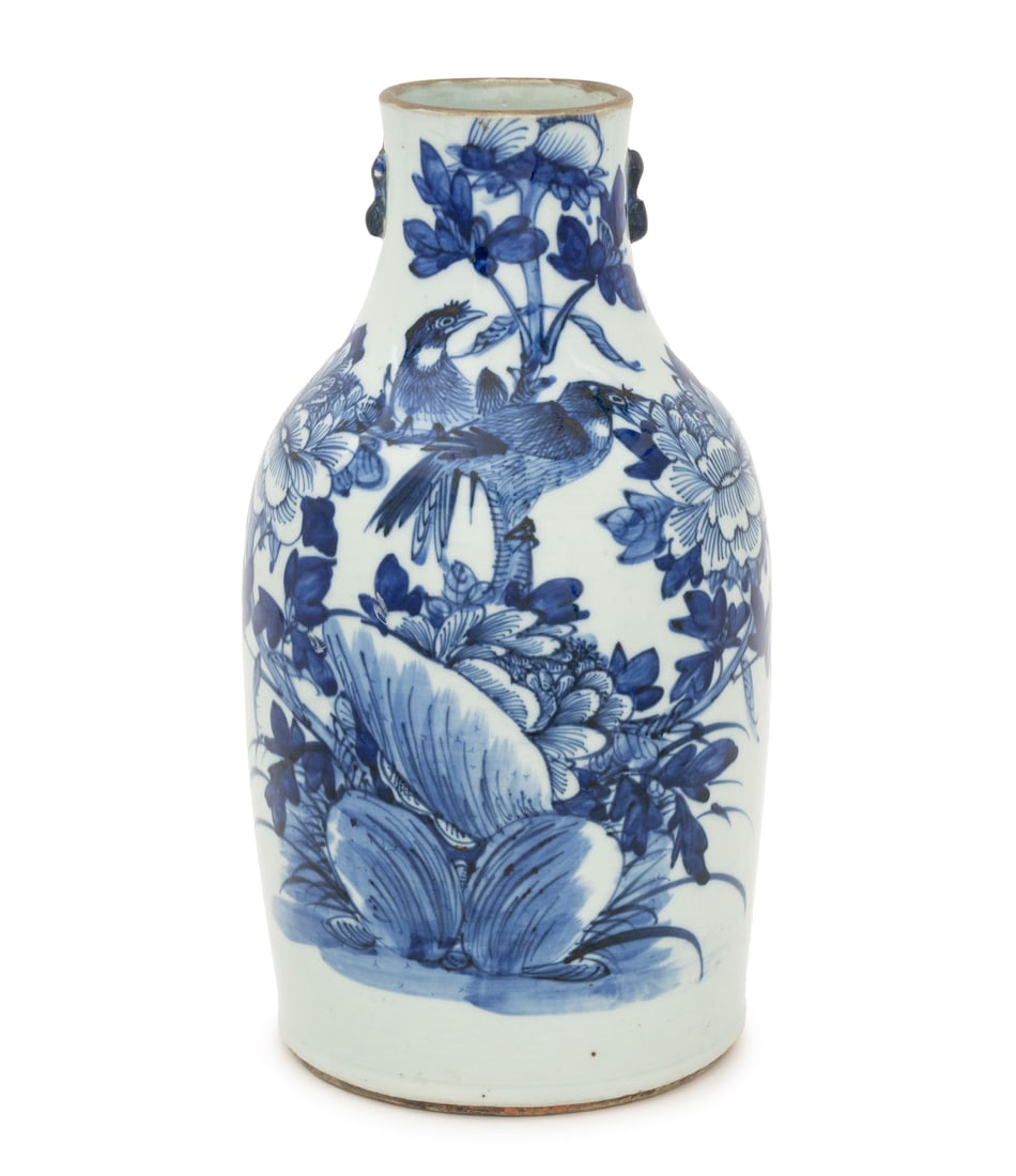 Chinese Export Blue & White Porcelain Vase: Chinese Export Blue and White Porcelain Vase, hand-painted with bird and flower motif decoration. 15" H x 8" Diameter. Provenance: From a New York City Collection. Keywords: Chinese ceramics, China, A