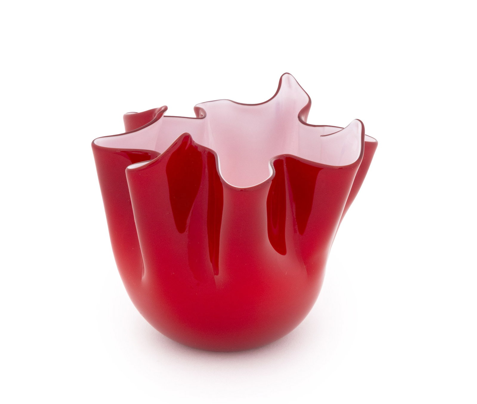 Illums Bolighus Red Glass Handkerchief Vase: Illums Bolighus Red Glass Handkerchief Vase, with white glass interior and label to underside. 4.5" H x 5.25" W x 5" D. Provenance: From a 500 Park Avenue Estate. Keywords: Designer, Fazzoletto Vase, 