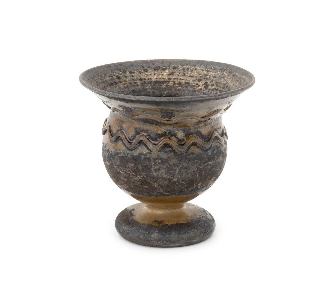 Roman Style Scavo Murano Glass Footed Cup: Roman Style Scavo Murano Glass Footed Cup, flared lip with zigzag design, initialed "AZ" underside. 3.25" H x 3.25" Diameter. Provenance: From an Upper West Side Estate. Keywords: Art Glass, Italian G