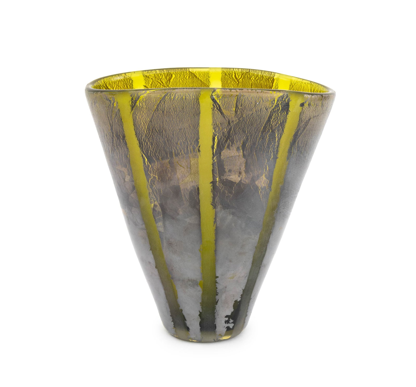 Adam Aaronson Silver Striped Glass Vase, 2001: Adam Aaronson (British, XX-XXI) Silver Striped Olive Green Glass Vase, 2001, signed, dated, and inscribed "England" near base. 9" H x 8.5" W x 4.5" D. Provenance: From an Upper East Side Estate. Keywo