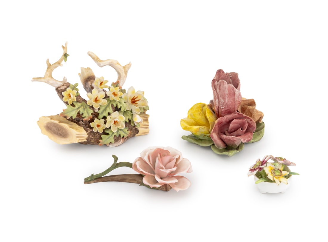 Floral Motif Hand-Painted Ceramic Ornaments, 4: Collection of Four Floral Motif Polychrome Hand-Painted Ceramic Ornaments, comprising: a Capodimonte rose form chamberstick marked "Made in Italy", an English bone China "October" floral bouquet marke