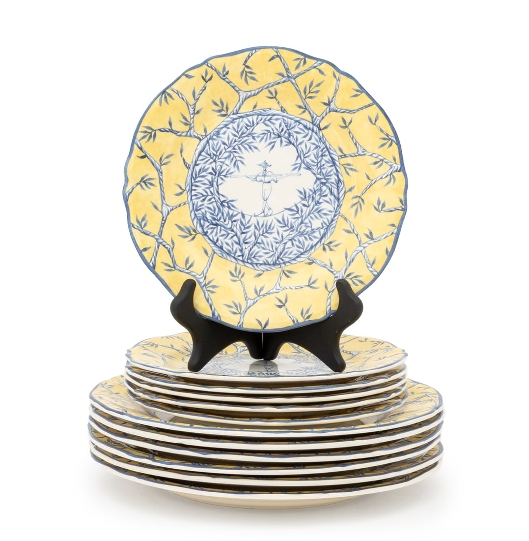 Faiencerie de Gien "Baladins" Plate Service for 6: Faiencerie de Gien "Baladins" Plate Service for Six, each marked "Baladins / Gien / France", comprising: six (6) luncheon plates with tightrope walker motif, and six (6) dinner plates. 12 pieces