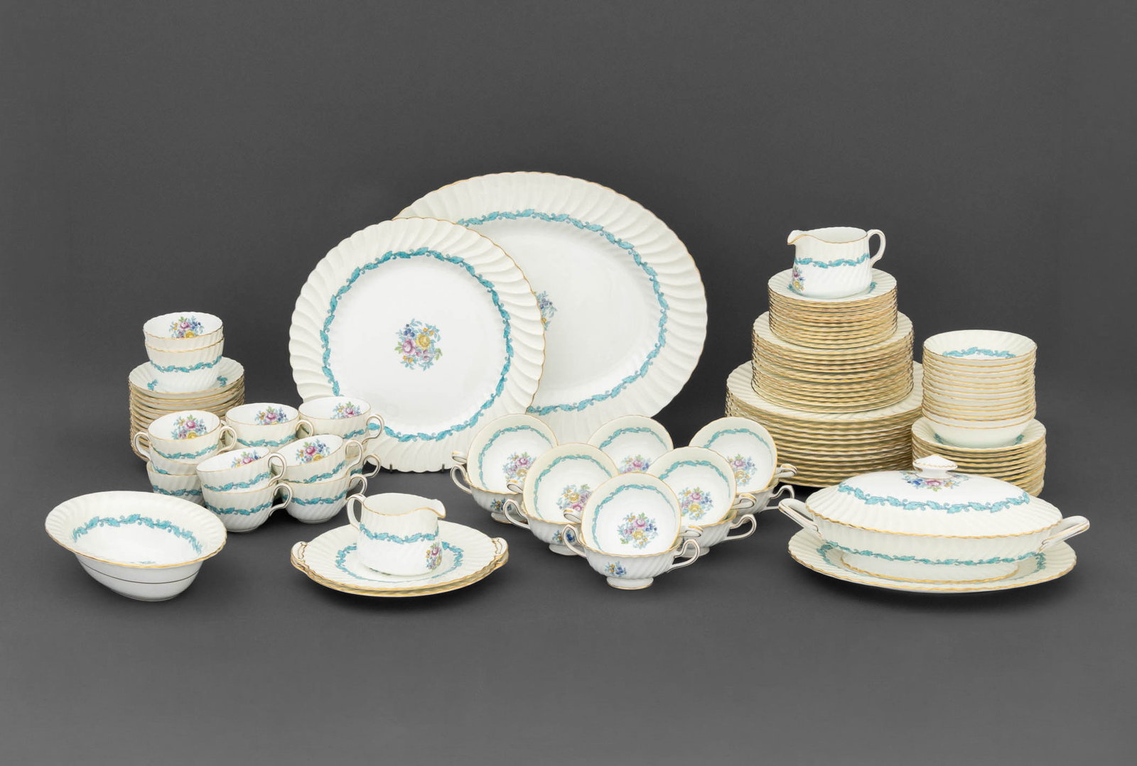 Minton "Ardmore" Part Dinnerware Service, 112: Minton "Ardmore" Bone China Partial Dinnerware Service Set, comprising: (13) dinner plates, (13) salad plates, (12) bread and butter plates, (13) small bowls, (12) soup bowls, (12) saucers, (13) teacu