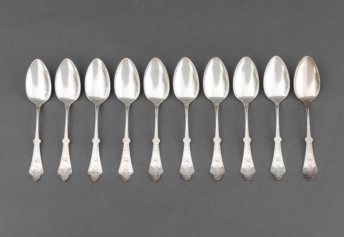 Simpson, Hall & Co. Silver Plate Spoons, 10: Set of 10 Simpson, Hall and Company Silver Plate Spoons, monogrammed "L" and marked to the handles. 7.25" L. Provenance: From the Estate of Joseph Lawrence Gardella. Keywords: American silversmith,