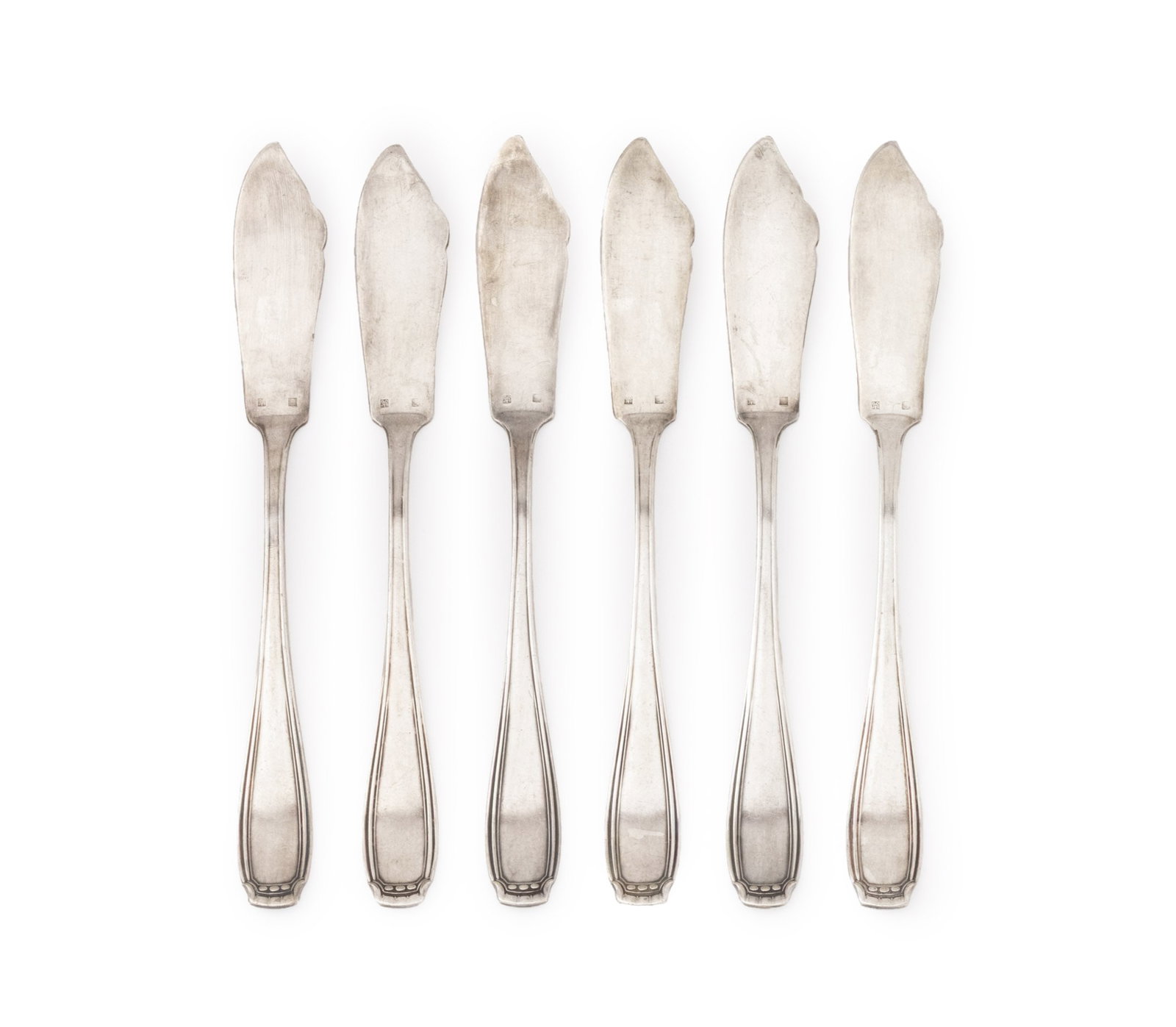 French Art Deco Silver Plate Fish Knives, 6: Set of SIx French Art Deco Silver Plate Fish Knives, struck with initials "Go / JB" and Orbrille mark. 8" L x 1" W. Provenance: From a 45 East 62nd Street Collection. Keywords: Flatware, Service, Serv