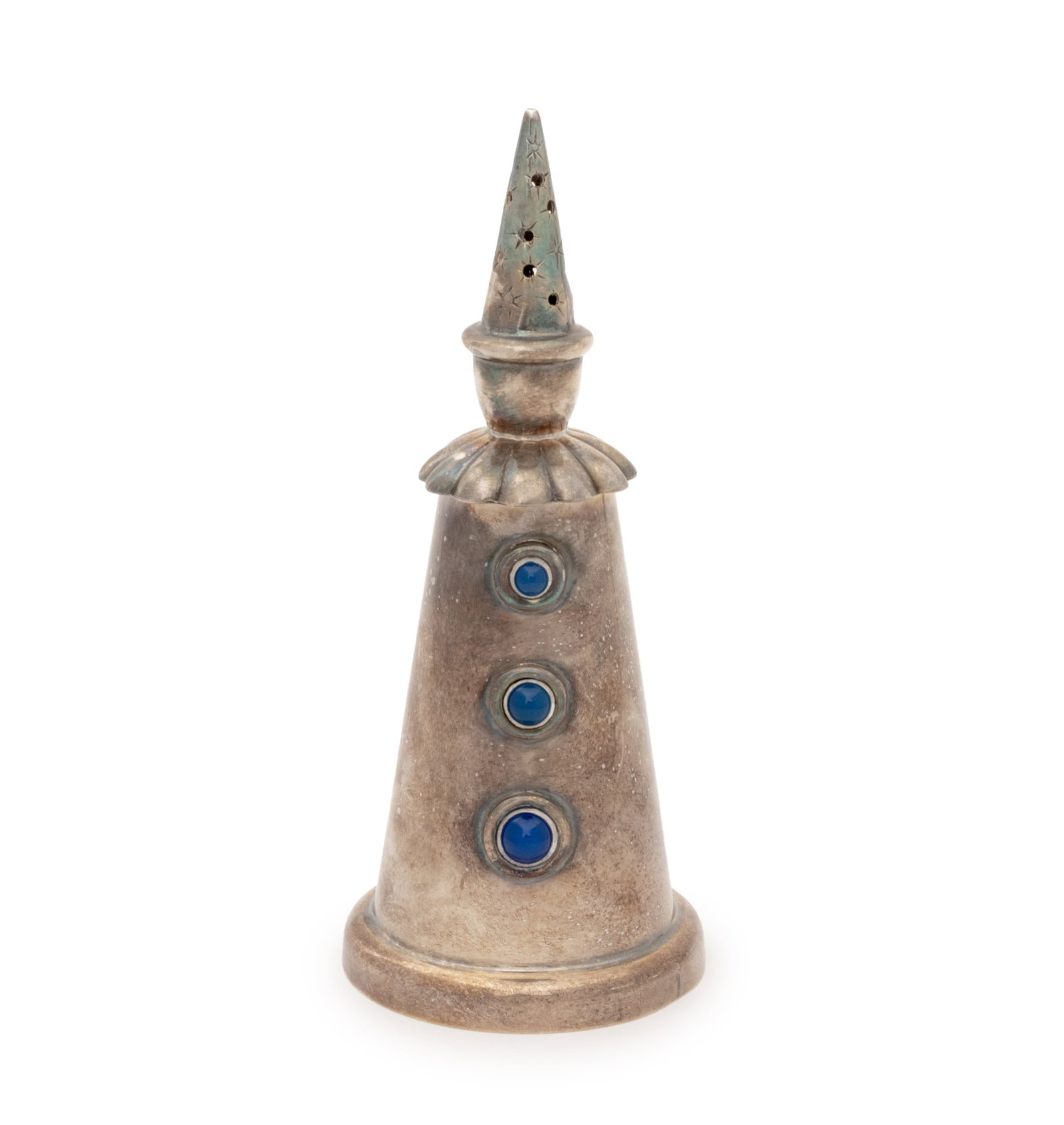 John Boggio x Roux-Marquiand Clown Spice Shaker: John Boggio for Roux-Marquiand Silver Plate Clown Form Spice or Salt Shaker, with three blue cabochon buttons, marked "Roux-Marquiand / France / Jean Boggio" underside. 7.75" H x 3.25" Diameter. Prove
