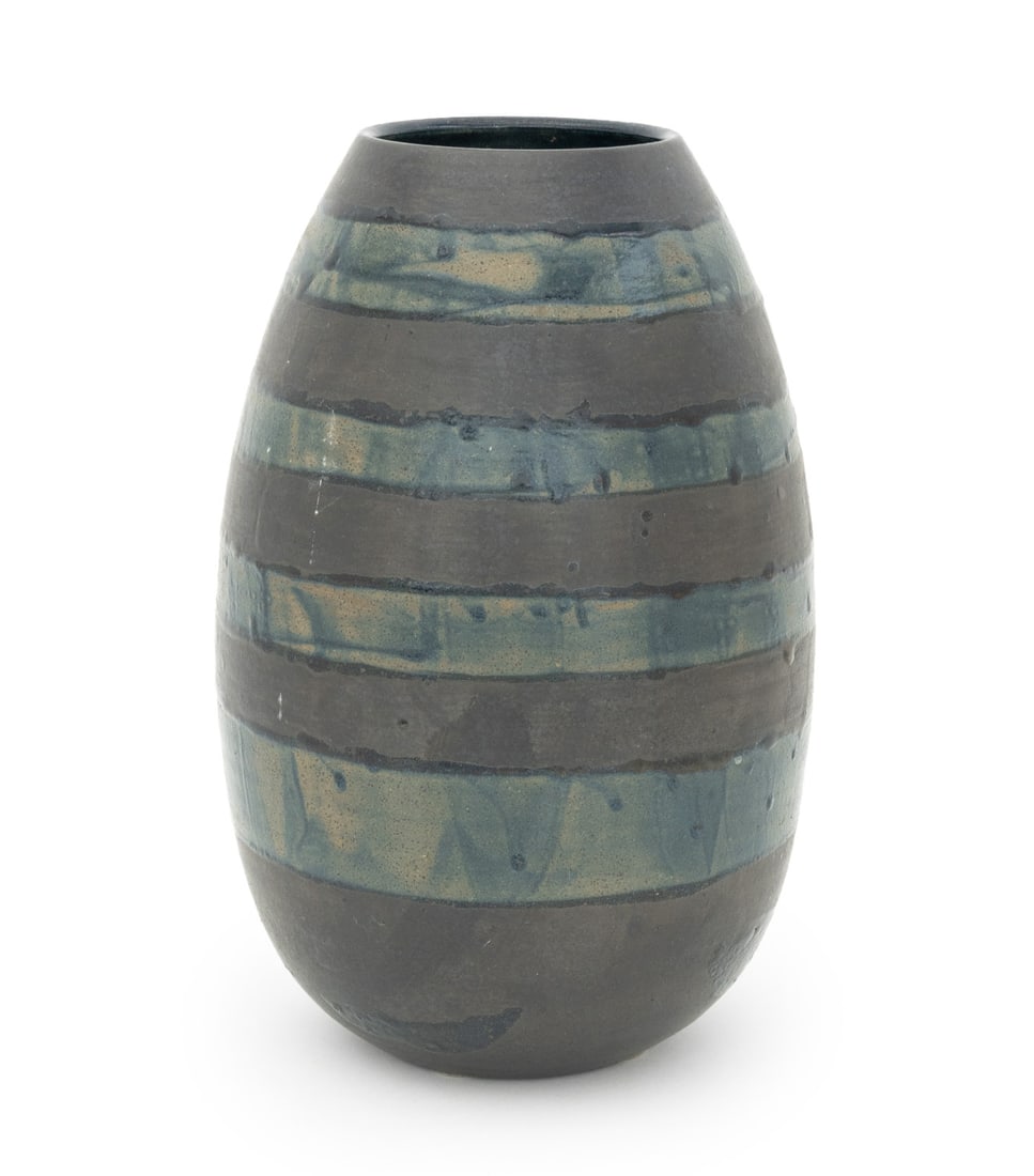 Illegibly Signed Modern Studio Pottery Stripe Vase: Modern Studio Pottery Striped Vase, blue and black stripes, illegibly marked underside. 11" H x 6.5" Diameter. Provenance: From a Long Island, New York Estate. Keywords: Art Pottery, Flower holder, Ta