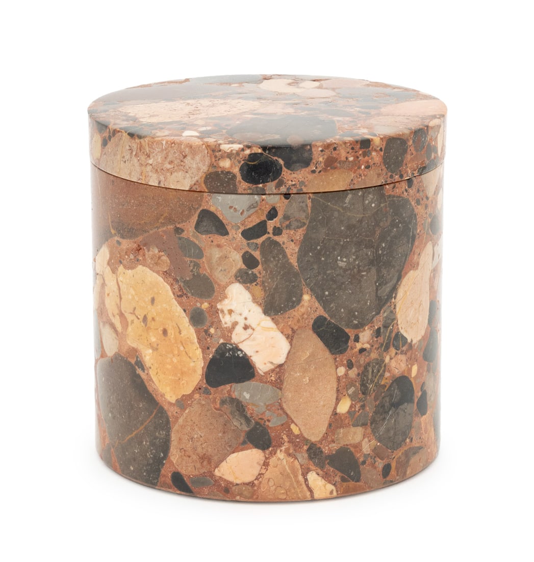Portuguese Breccia Rosso Marble Covered Jar: Portuguese Breccia Rosso Marble Covered Jar, "marblarte / Exclusive Marble Articles / Alenquer Portugal" label to underside. 5.25" H x 5" Diameter. Provenance: From a Long Island, New York Estate.