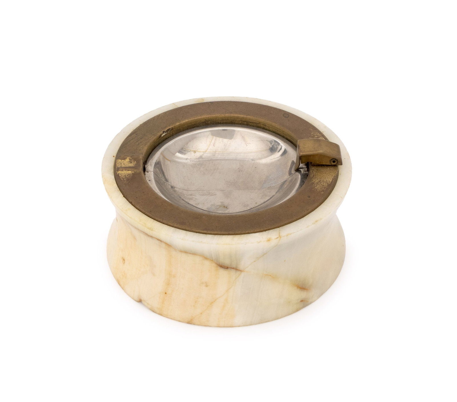Art Deco Onyx and Brass Ashtray: Art Deco Onyx and Brass Ashtray, brass and metal mount opening to onyx base. 2.25" H x 4.75" Diameter. Provenance: From a New York City Collection. Keywords: Tobacco accessories, Vintage, Carved