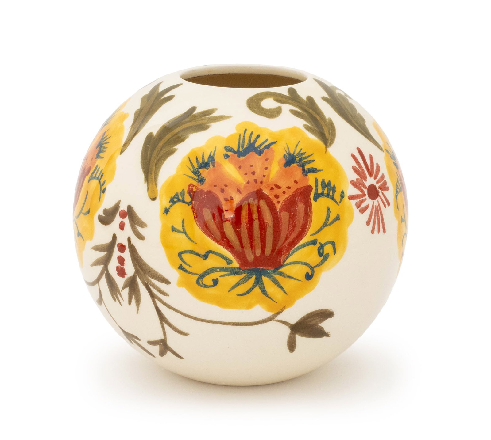 Cabana "Rinascimento" Vase: Cabana "Rinascimento" Vase, hand-painted ceramic, marked to underside. 5.75" H x 6" Diameter. Provenance: From the Collection of Anna Condo. Keywords: Designer, Art Pottery, Italian ceramics, Martina 