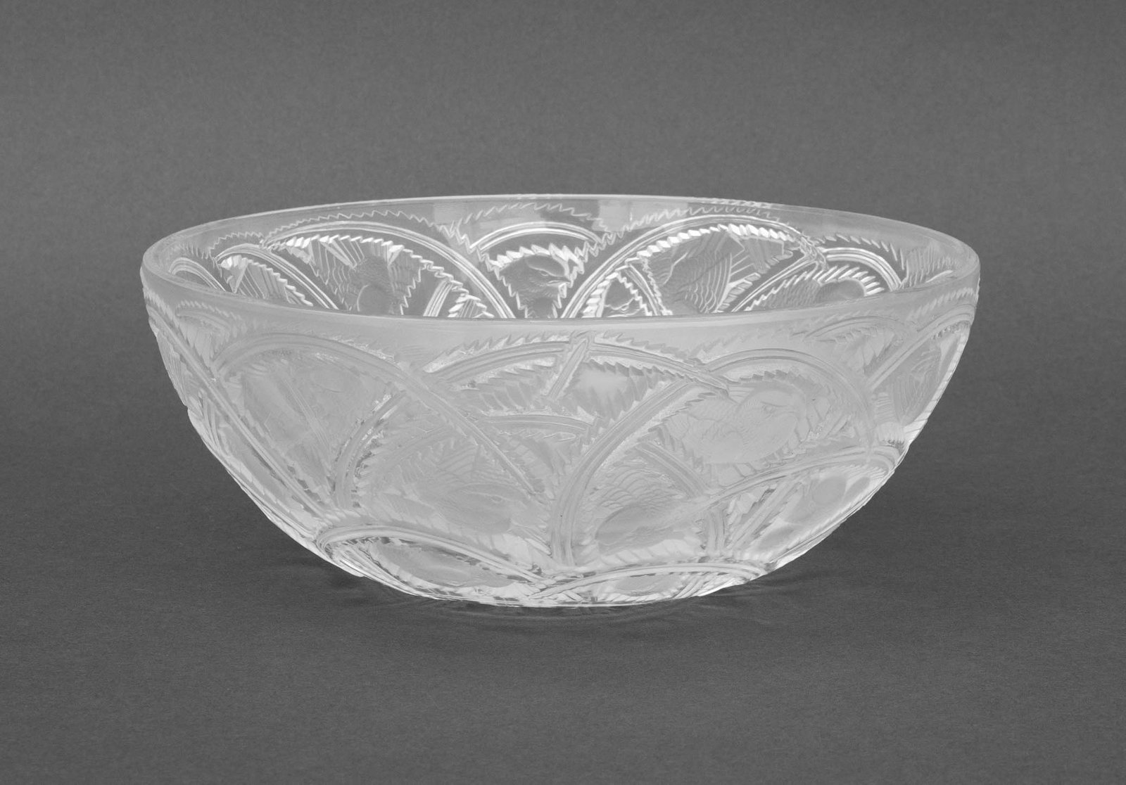 Lalique Crystal "Pinsons" Bowl: Lalique Crystal "Pinsons" Pattern Bowl, with frosted details, signed "Lalique / France" to underside. 3.5" H x 9.25" Diameter. Provenance: From an Upper East Side Private Collection. Keywords: French