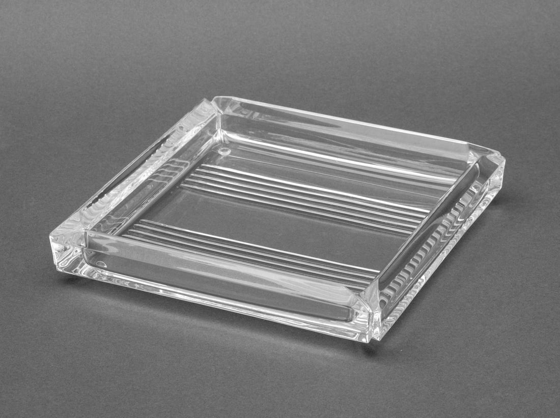 Tiffany & Co. Cut Crystal Square Tray: Tiffany and Company Cut Crystal Square Tray, marked to underside. 1.75" H x 8.5" W x 8.5" D. Provenance: From a 500 Park Avenue Estate. Keywords: Art Deco Style, Table tray, Platter, Designer, Luxury