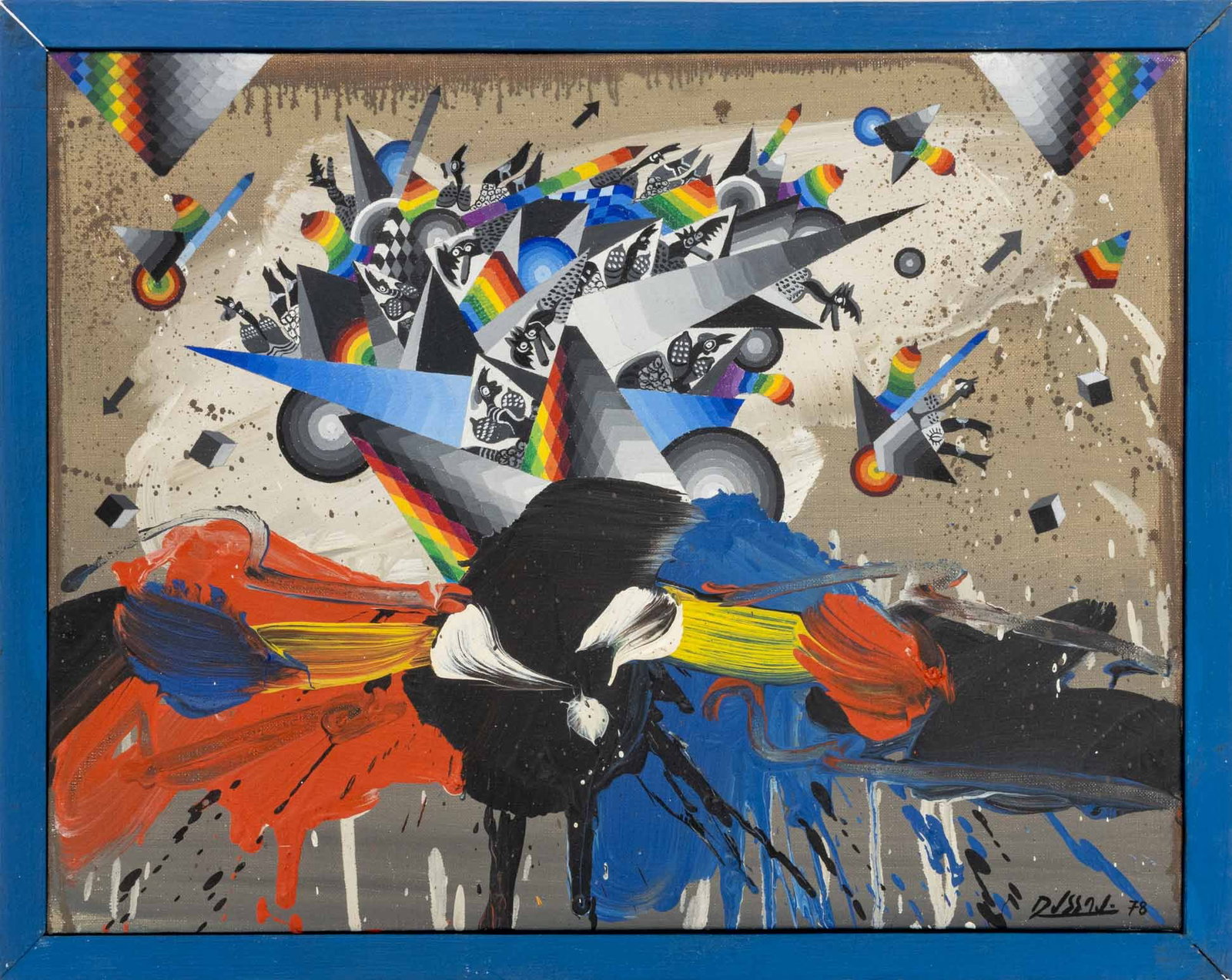 Georges Dussau Surrealist Composition, 1978: Georges Dussau (French, b. 1947), Surrealist Composition, Acrylic on Canvas, 1978, signed and dated lower right, blue painted wood frame. Image: 10.75" H x 13.75" W; frame: 12" H x 15" W x 1.25" D.