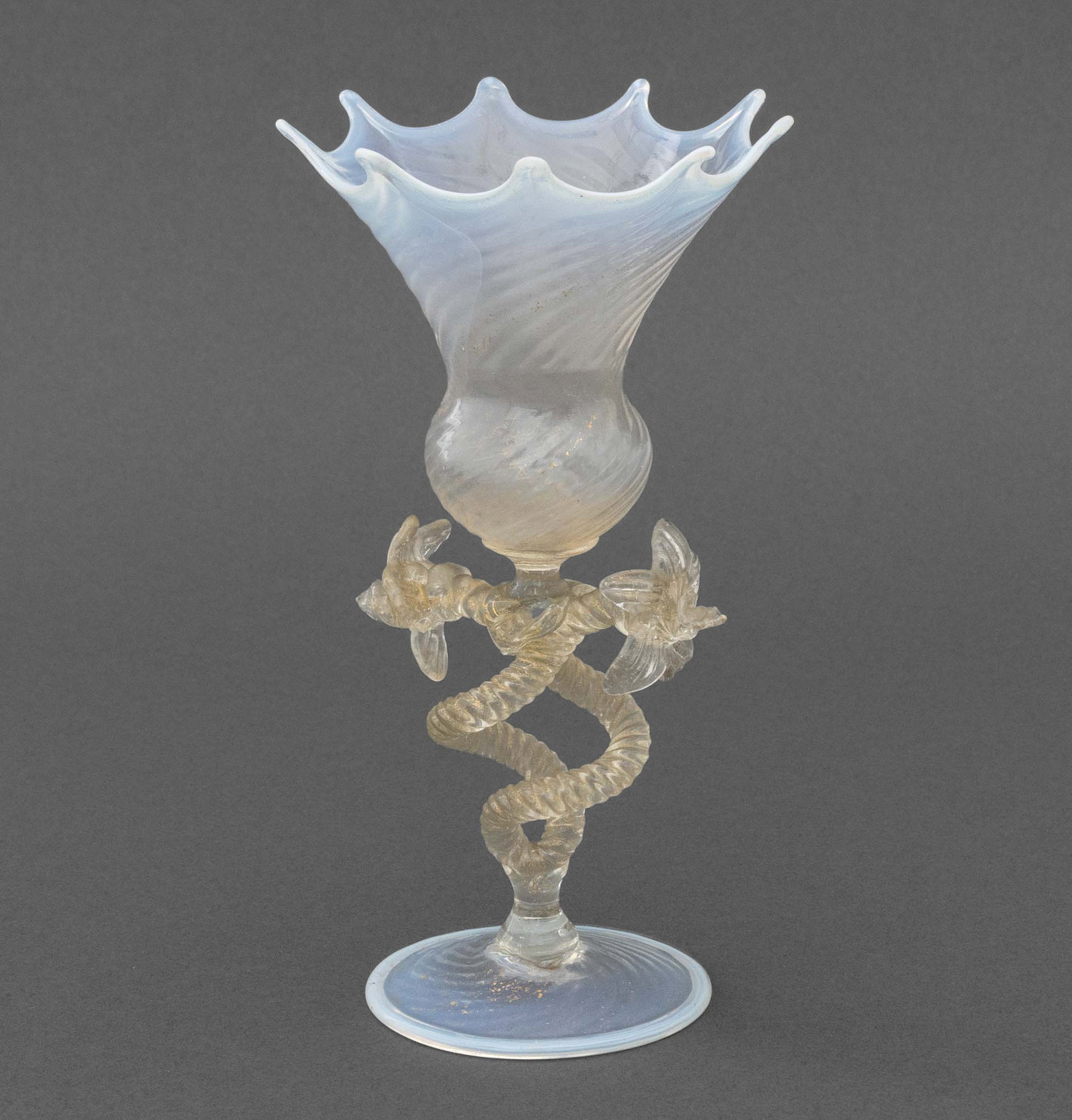 Salviati Attr. Opaline Glass Vase, ca. 1950: Salviati Attributed Opaline Glass Vase, circa 1950, with spiraling flowers form stem below a fluted glass bowl with scalloped rim. 8.75" H x 3.75" Diameter. Provenance: From the Collection of Anna