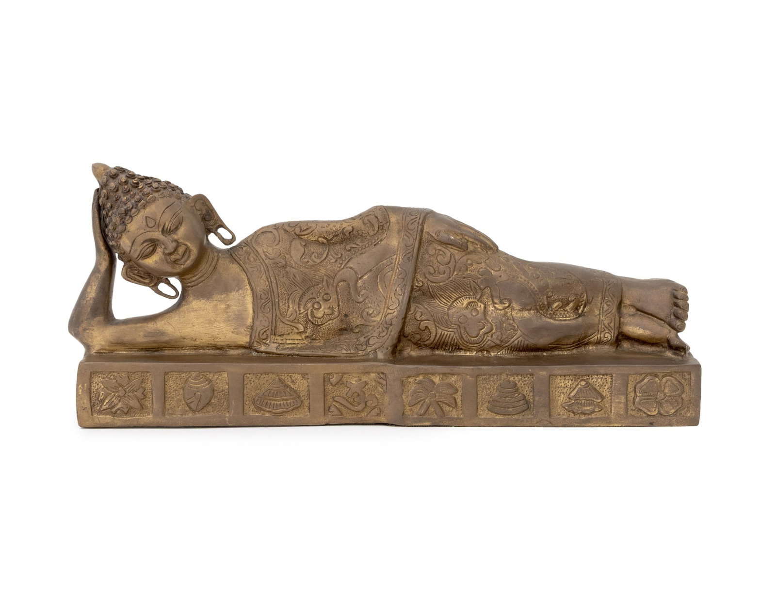 Thai Reclining & Sleeping Buddha Bronze Sculpture: Thai Reclining and Sleeping Buddha Bronze Sculpture. 7.5" H x 18" W x 4.25" D. Provenance: A New York City Collection. Keywords: Thailand, Statue, Three-dimensional, Southeast Asian Art, SEA, Buddhism