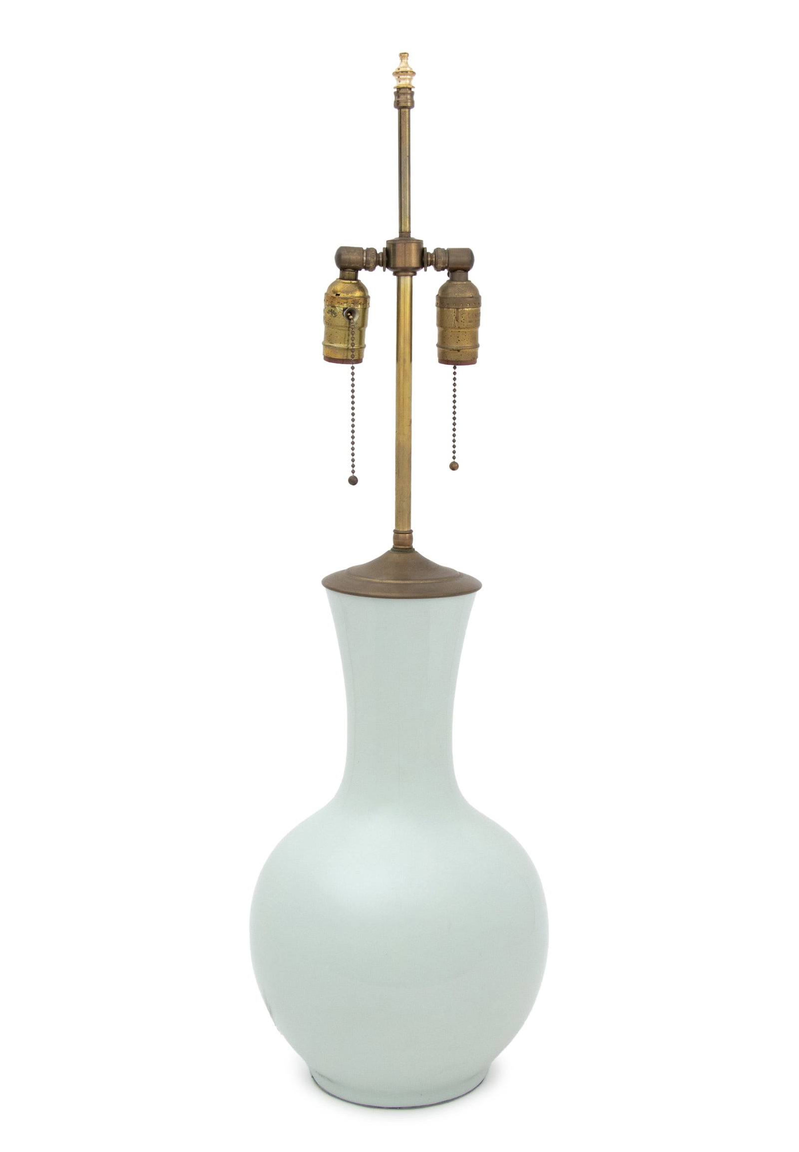 Chinese Celadon Porcelain Vase Mounted as a Lamp: Chinese Celadon Glazed Porcelain Baluster Vase Mounted as a Table Lamp, with two light sockets. Overall: 31.5" H x 9.5" Diameter. Provenance: From a Central Park West Collection. Keywords: Lighting, C