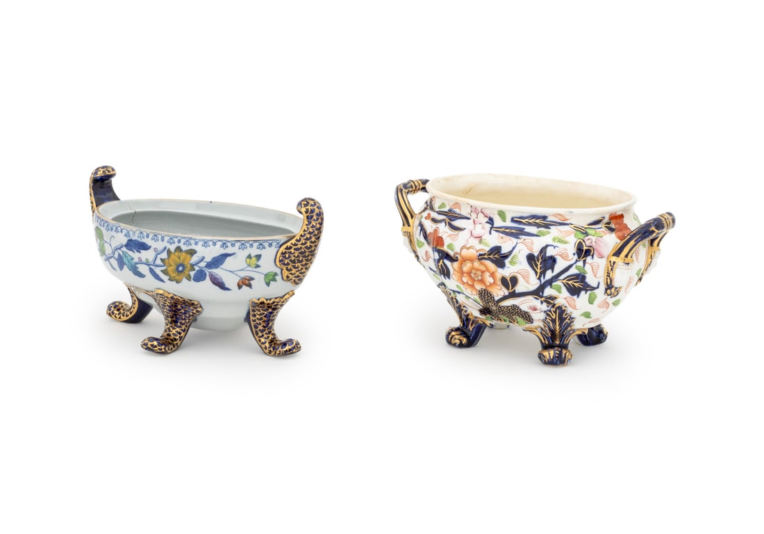 Davenport, Etc. Stone China Centerpiece Bowls, 2: Two Stone China Footed Centerpiece Bowls, gilt decorated, comprising: Davenport centerpiece bowl, marked "Stone Davenport China" underside, and a two-handled centerpiece bowl with small faces,