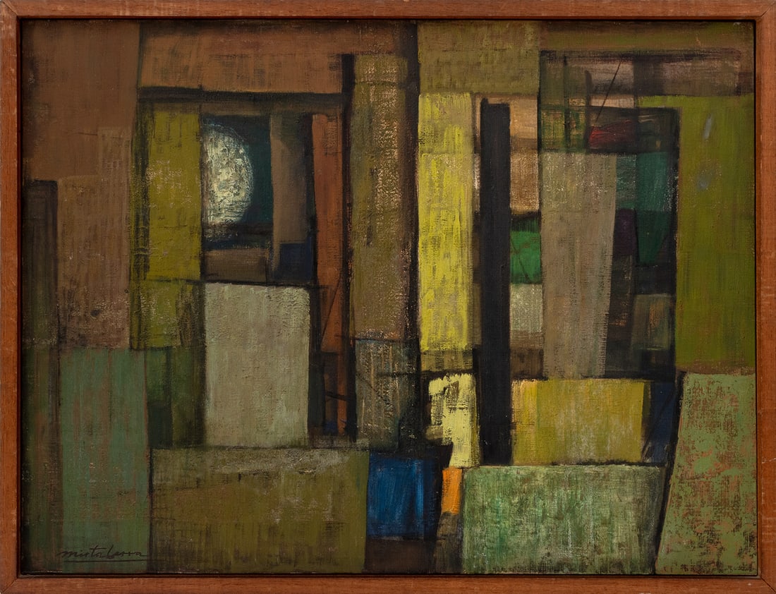 Mirta Cerra "The Blue Harbor" Oil on Canvas, 1955: Mirta Cerra Herrera (Cuban, 1904-1986), "The Blue Harbor", Oil on Canvas, 1955, signed lower left, signed and artist label verso, wood frame. Image: 23.75" H x 31" W; frame: 25.25" H x 33.25" W x 2" D
