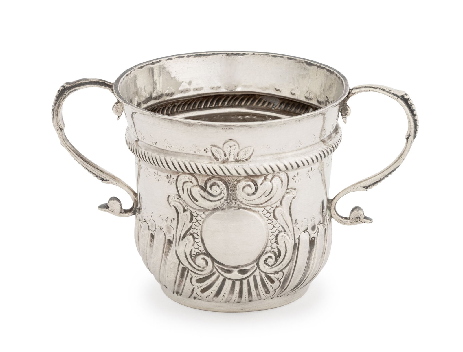 Queen Anne Britannia Silver Two-Handled Cup, 1709: Queen Anne Britannia Silver Two-Handled Cup, struck with marks for Timothy Ley, London, 1709, with repousse ribbed body and oval cartouche surrounded by scrollwork, marked "W T / E S / Nov 20 / 1709"