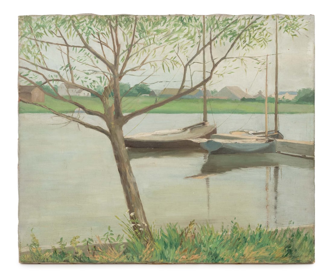Illegibly Signed Boats on the River Oil, 20th C.: 20th Century School, Boats Along the River, Oil on Canvas, illegibly signed verso, unframed. 20" H x 24" W x 0.75" D. Provenance: From a Boston Collection. Keywords: Paintings, Works on Canvas, Oil