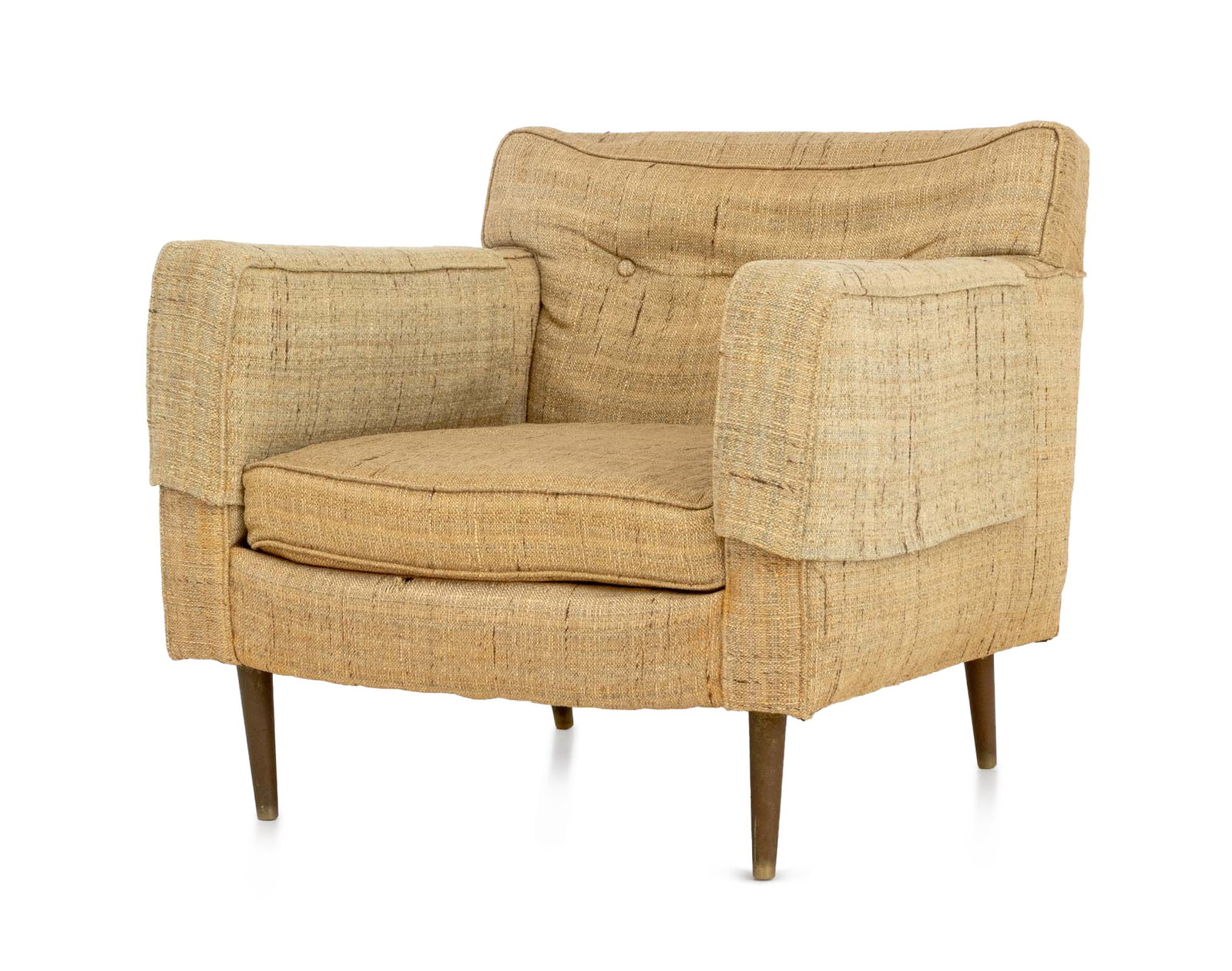 Edward Wormley for Dunbar Upholstered Armchair: Edward Wormley for Dunbar Upholstered Arm Chair, with tan and green woven wool upholstery mounted on four brass tapered legs. 28" H x 29.5" W x 21" D; seat: 15.25" H. Provenance: From a Park Avenue