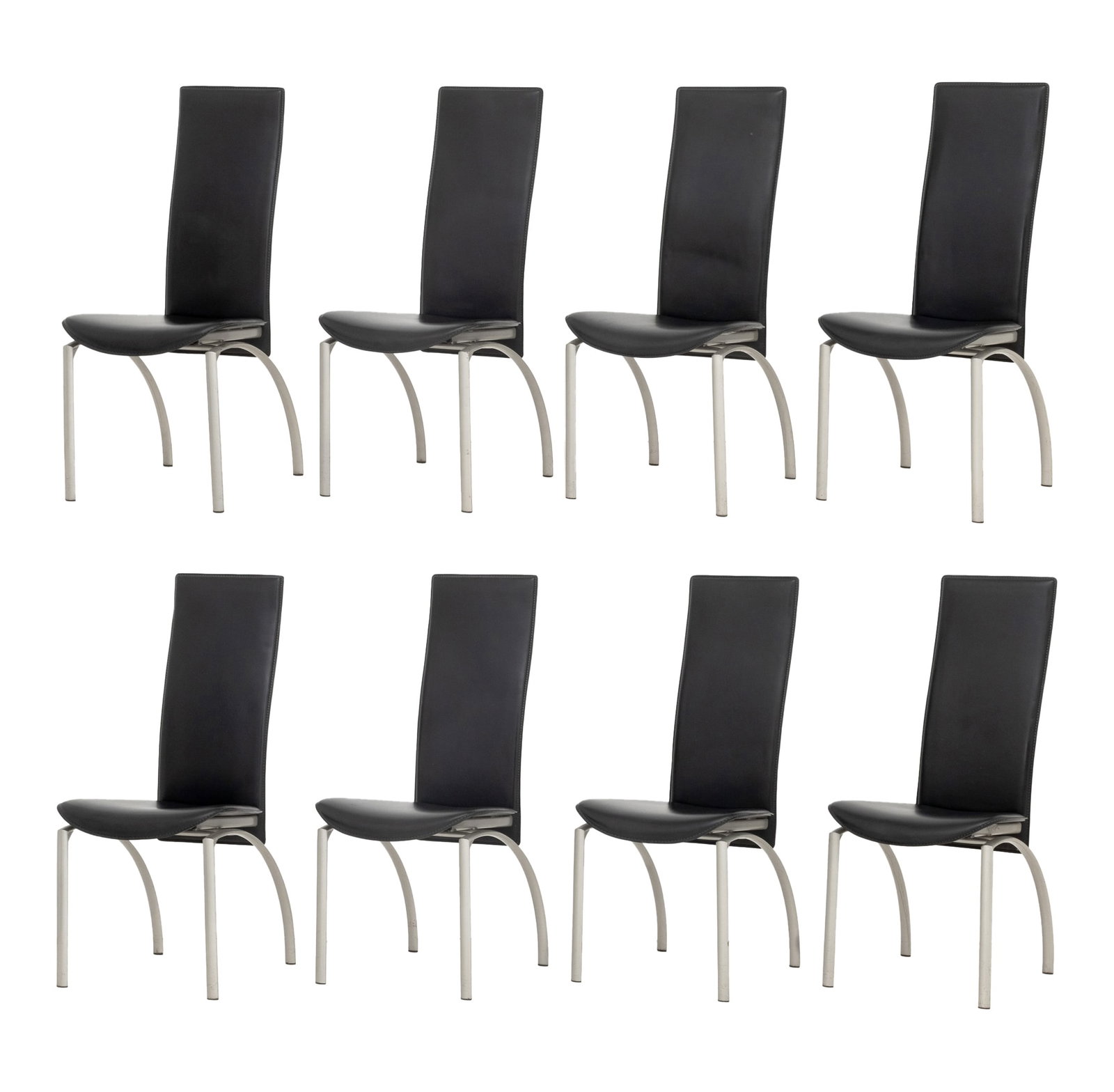 Modern Black Leather Dining Chairs, 8: Set of Eight Modern Black Leather Dining Chairs, each with high back and geometric design metal base. 41" H x 18.5" W x 19" D; seat: 18" H. Provenance: A Sutton Place Collection. Keywords: Modern Furn