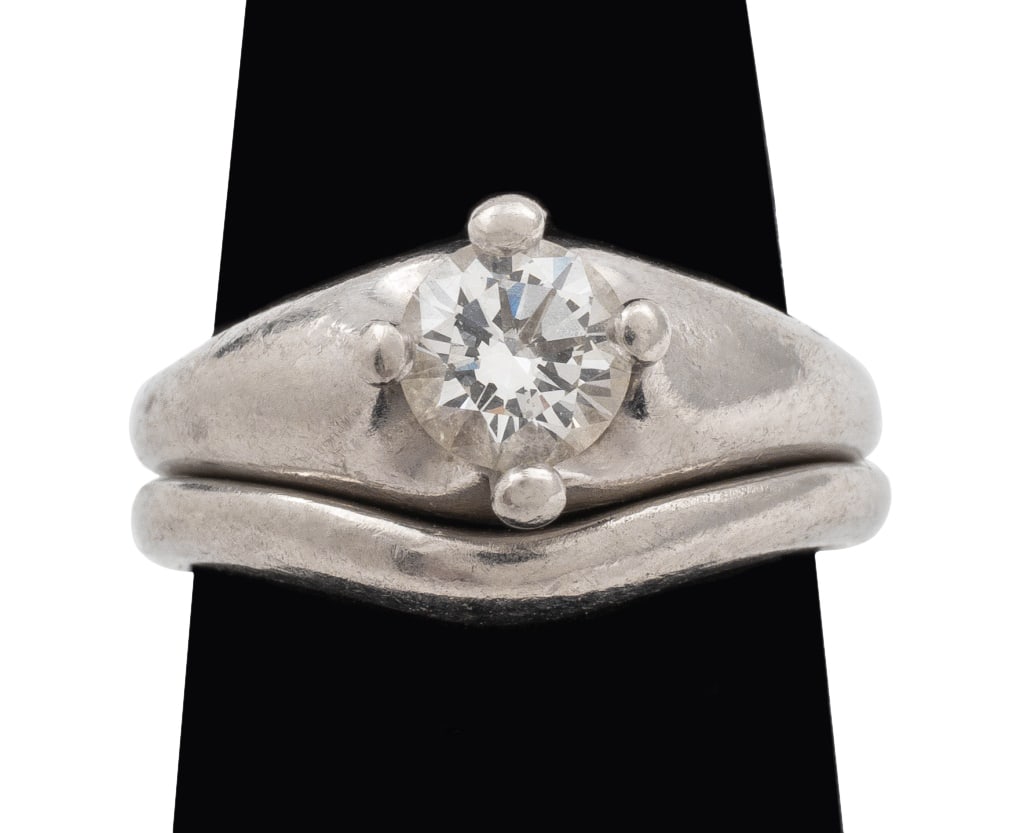 Bulgari Corona Diamond Platinum Wedding Ring Set: Bulgari Corona Diamond Platinum Wedding Ring Set, engagement ring and wedding band set, the engagement ring with a round brilliant cut diamond of approximately .52 carats set in a platinum mounting, m