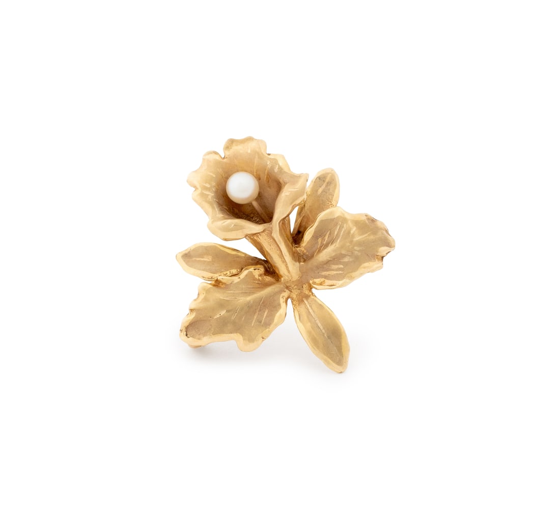 Floriform Yellow Gold and Pearl Pin Enhancer: Floriform 14K Yellow Gold Cultured Pearl Pin Enhancer, designed as a flower bud with centered round cultured pearl approx. 5.5 - 6.0 mm., worn through fabric with pinstem, joint and catch, worn as pen