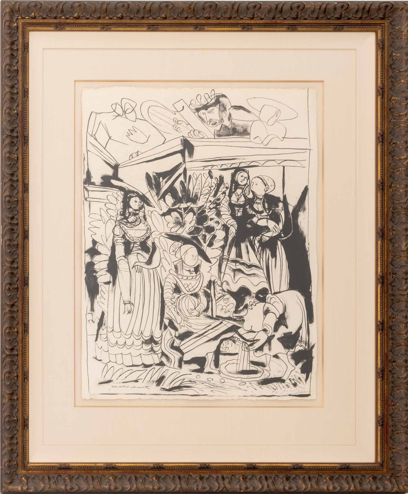 Pablo Picasso "David et Bethsabee", 1947: Pablo Picasso (Spanish, 1881-1975), "David et Bethsabee (State I)" [David and Bathsheba], Lithograph, 1947, signed in pencil "Picasso" lower right, numbered edition "27/50" lower left, carved giltwood