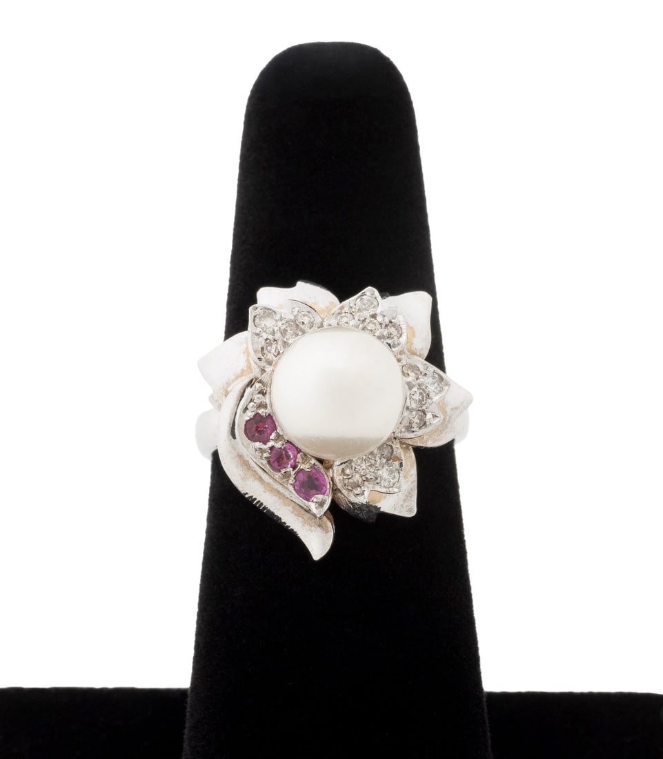 Modern Floriform Gold, Pearl, Ruby, & Diamond Ring (1 of 9)
