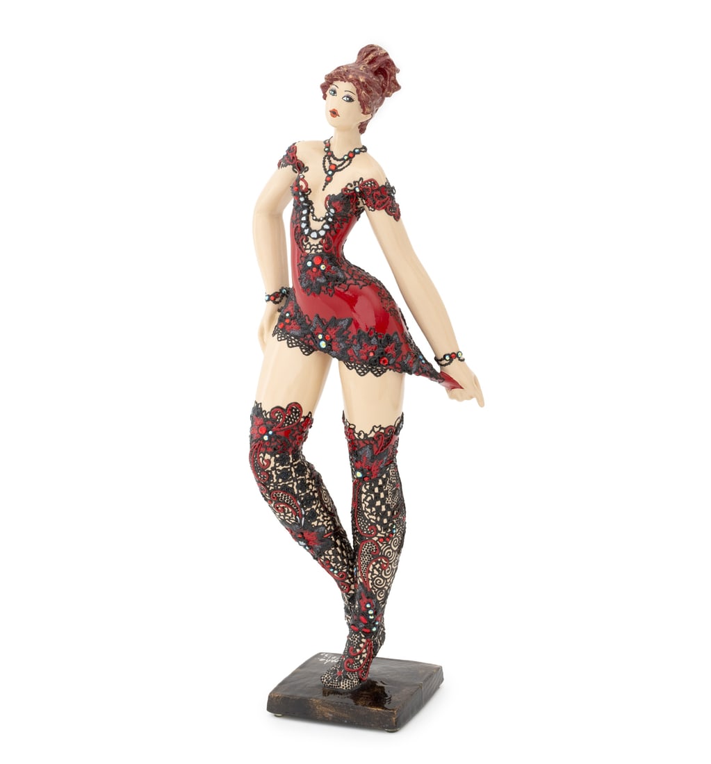 Josepha Standing Woman in a Red Dress Sculpture: Josepha (French, b. 1950) Standing Woman Wearing a Red Dress Resin Sculpture, signed and numbered edition "21/30" to square base. 20" H x 7.75" W x 4.75" D. Provenance: From a Fort Lauderdale, Florida