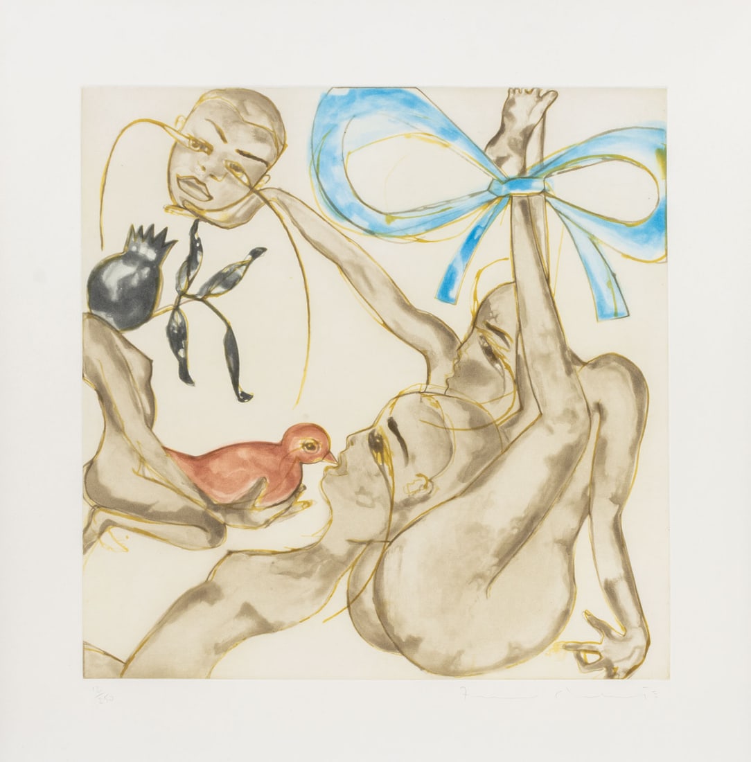 Francesco Clemente "Yellow, Red or Blue", 1999: Francesco Clemente (Italian, b. 1952), "Yellow, Red or Blue", Etching and Aquatint in Colors on Fabriano Paper, 1999, published by Solomon R. Guggenheim Museum, printed by Vigna Antoniniana, Stamperia