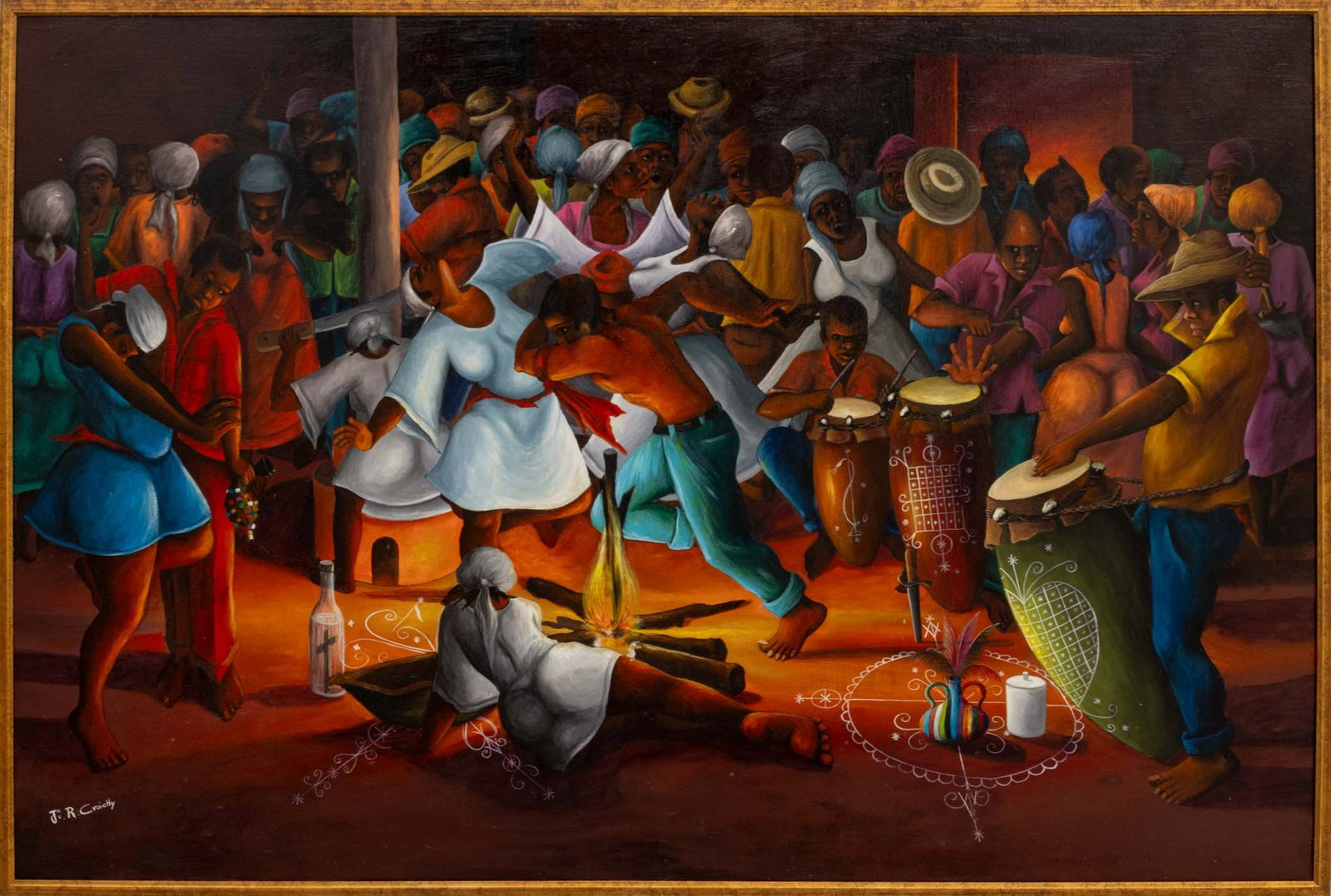 Jean Richard Coachy Vodou Ceremony Oil on Canvas: Jean Richard Coachy (Haitian, b. 1951), Vodou Ceremony Scene, Oil on Canvas, signed and inscribed "Jn. R. Croichy" lower left, Veerhoff Galleries label verso, giltwood frame. Image: 39.75" H x 59.75" 