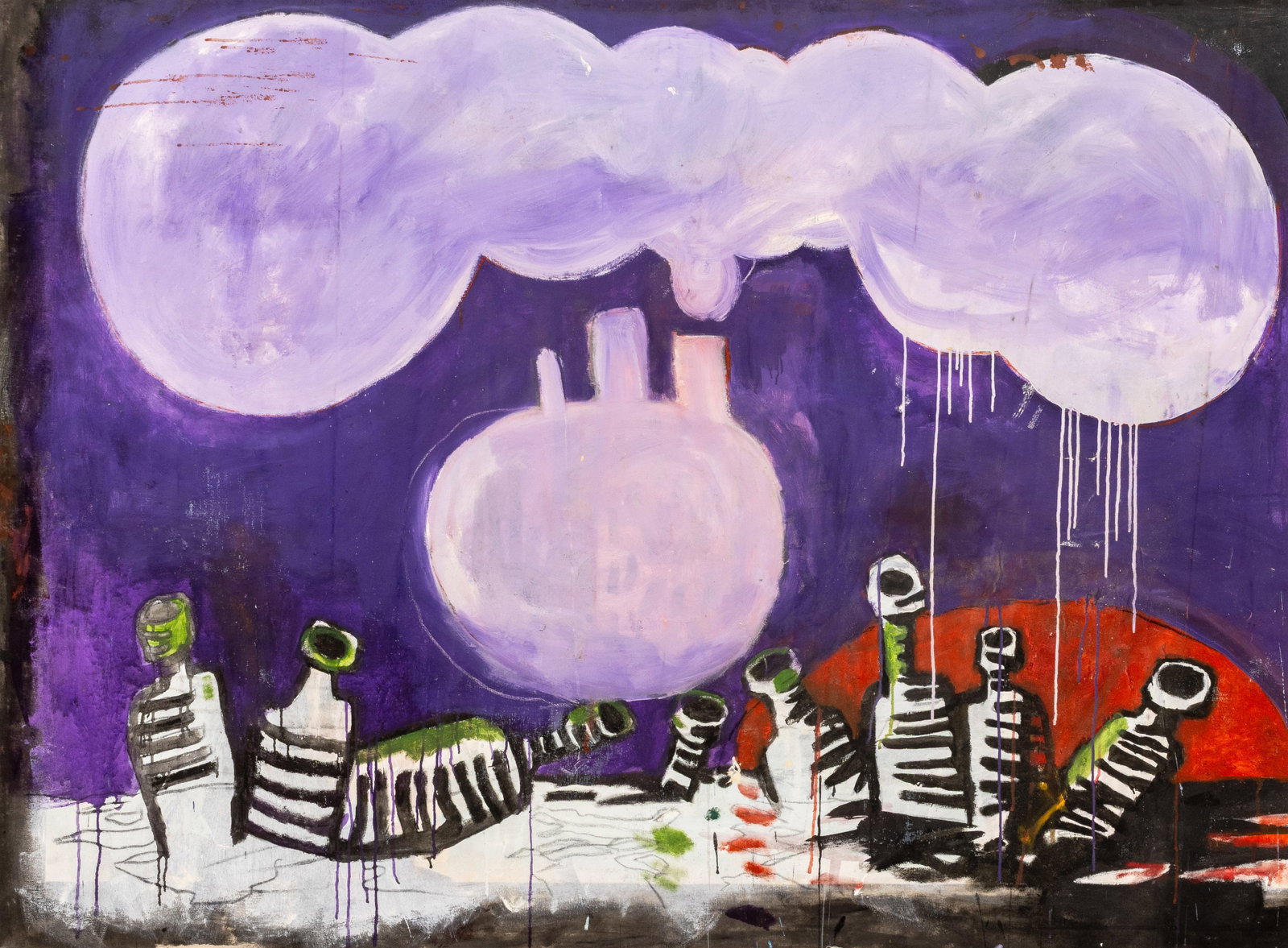 Domenick Capobianco Green Bottles Oil on Canvas: Domenick Capobianco (American, b. 1928), Green Bottles with Smoking Man on Purple Ground, Oil on Canvas, unsigned, artist's studio stamp verso, unframed. 56" H x 76" W x 1.5" D. Provenance: From the c