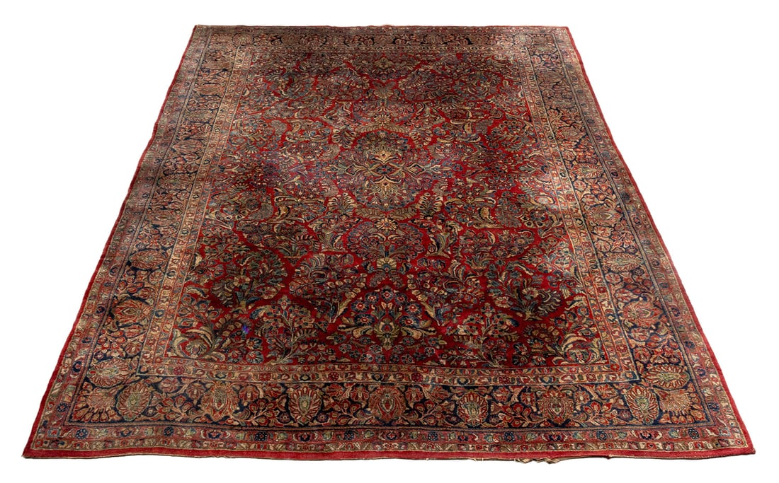 Persian Sarouk Carpet, 13' 4" x 10' 4": Persian Sarouk Wool Carpet, with multi-colored all-over floral motif on a red ground. 13' 4" L x 10' 4" W. Provenance: From an Upper West Side Estate. Keywords: Vintage Rugs, Room-Sized Rug, Floor cov