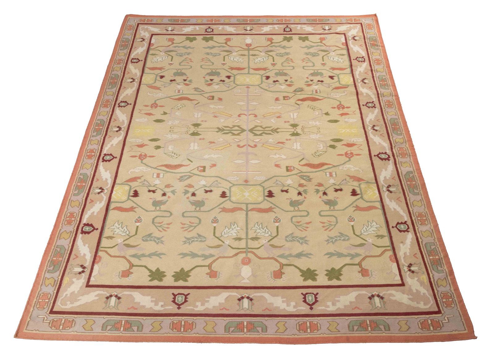 Oushak Style Wool Carpet, 12' 2" x 9' 2.5": Oushak Style Wool Carpet, in muted tones with bird and foliate motif. 12' 2" L x 9' 2.5" W. Provenance: From a New York City Collection. Keywords: Rugs, Area rug, Persian style, Furnishings,