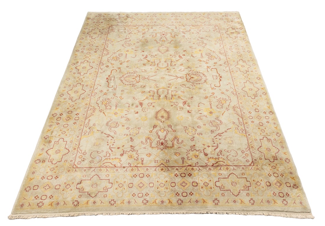Turkish Oushak Carpet, 14' 1" x 9' 8": Turkish Oushak Wool Carpet, with geometric and foliate motif in red and yellow on pale green ground. 14' 1" L x 9' 8" W. Provenance: From a New York City Collection. Keywords: Rugs, Room-Sized
