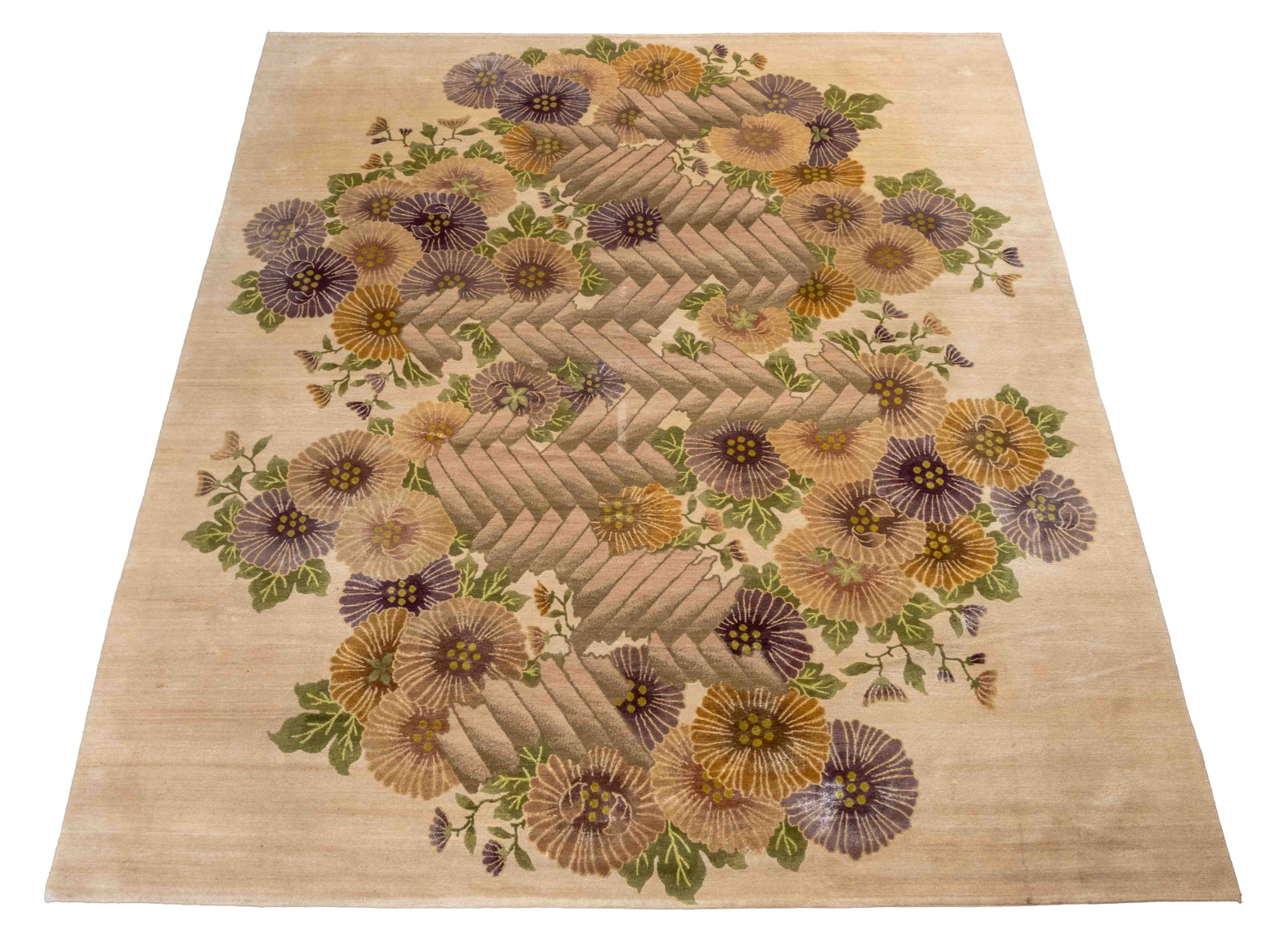 Modern Floral Motif Carpet, 9' 9.5" x 8' 2.5": Modern Floral Motif Wool Carpet, with purple flowers on beige ground. 9' 9.5" L x 8' 2.5" W. Provenance: From an Upper East Side Estate. Keywords: Art Deco Style, Area rug, Rugs, Floor coverings,