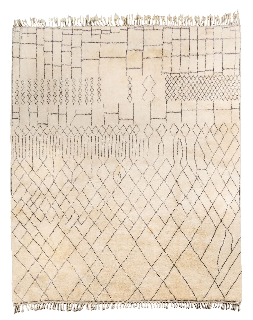 Moroccan Marrakech Carpet, 14' 2" x 11' 3": Moroccan Marrakech Wool Carpet, with black geometric design on beige ground, with Courante label to underside. 14' 2" L x 11' 3" W. Provenance: From an Upper West Side Estate. Keywords: Rugs, Area