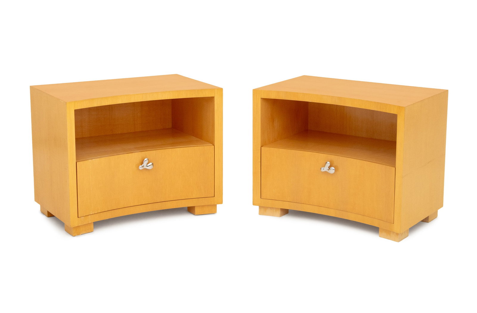 Modern Maple Concave Bedside Tables, Pair: Pair of Modern Maple Concave Bedside Tables, with one open shelf above single frieze drawer. 24" H x 30" W x 18.75" D. Provenance: From a Fort Lauderdale, Florida Estate. Keywords: Modern Furniture,