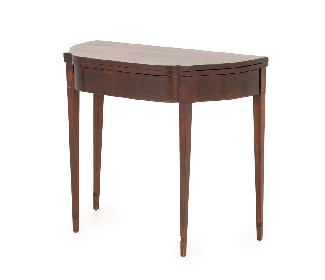 American Federal Inlaid Mahogany Card Table: American Federal Inlaid Mahogany Card Table, the flip-top above tapered legs. 30" H x 34" W x 17.25" D. Provenance: The Estate of Alton G. Marshall, former aide to Nelson Rockefeller and President of